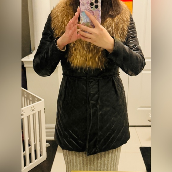 Genuine Lamb Leather with Real Fur Hood Down Jacket, Size L - Picture 12 of 14